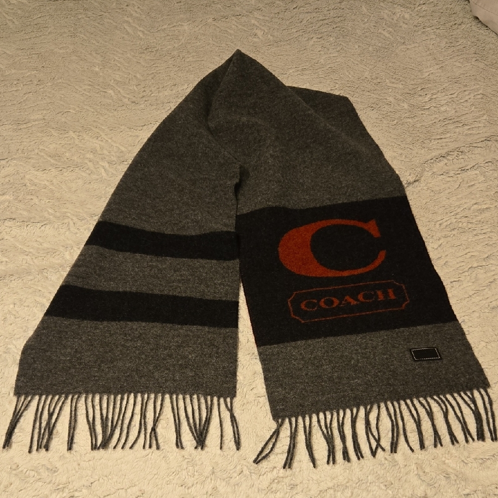 Vintage Coach Charcoal and Black Men's Scarf with Red Logo